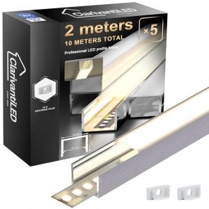 2m&times;5 Profil&eacute; Aluminium LED Rail avec Diffuseur Goulotte Profile Alu pour Ruban cache LED Profil en U Installation Facile Support bande baguette Couvercle Blanc Embouts Clips Montage encastrable placo (ClarivantiLED, neuf)