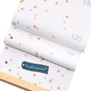 Toise murale enfant en toile, à suspendre avec baguettes en bois, inscriptible et pliable pour mesurer votre enfant (Pois - rose/gris/doré) (Le Petit Pousse, neuf)