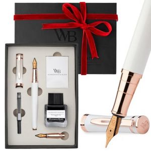 Wordsworth & Black Ensemble de Stylos Plume, Plume Moyenne et Extra Fine Dorée 18K, Bouteille d’Encre Noire 25ML,6 Cartouches,Convertisseur,Boîte Cadeau–[Blanc Or Rose],Coffret pour Hommes et Femmes. (Wordsworth & Bläck, neuf)