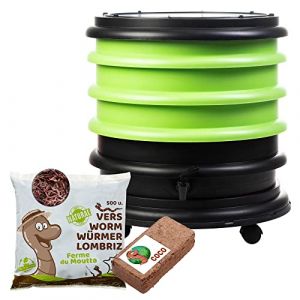 WormBox | Lombricomposteur 3 Plateaux Vert Anis + 250gr de vers de Compost + 1 Bloc Coco | 48 litres | Compostez Vos déchets organiques, Les vers de Terre/lombrics produisent du lombricompost (Ferme du Moutta, neuf)