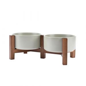 SPUNKYJUNKY Gamelle pour Chien en céramique Double gamelle surélevée avec Support en Bois d'acacia pour Chats et Chiens (850 ML, Gris) (Elf Corner, neuf)