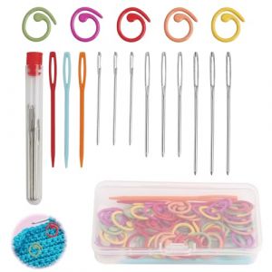 Lot de 50 marqueurs de maille en métal - 5 couleurs avec 9 Aiguilles Émoussées à Gros Chas et Boîte de Rangement - Idéal pour Couture, Tricot et Crochet (YuChuJi, neuf)