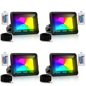 Tubiaz 4pack Projecteurs LED RGB 20W Intérieur et Extérieur Multicolore, RGB Spot LED de Couleur Avec Télécommande, 16 Couleurs 4 Modes Étanchéité IP66, Fonction Mémoire(pas de prise) (BIGBIGDUCK, neuf)