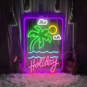 Panneau néon de vacances pour décoration murale colorée avec palmier, soleil, nuage, vague, lumières néon d'été, plage, bar, panneaux lumineux à DEL pour lever du soleil, décoration de fête tropicale (Topksy, neuf)