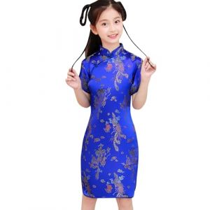 Robes Filles Robes Enfants Filles Robes Jupe Robe Fille Robe Chinois Qipao B&eacute;b&eacute; Nouvel An V&ecirc;tements Floral Manches Courtes Cheongsam Enfants Anniversaire F&ecirc;te Tenues, bleu fonc&eacute;, 8-10 ans (ChangtaiITL, neuf)