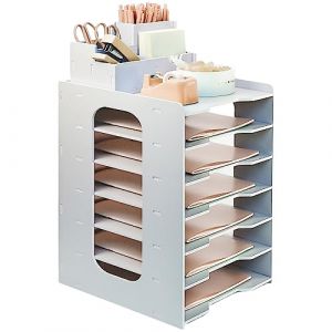 Bac à Courrier de Bureau, 7 Niveaux Organisateur de Bureau, Bereau en PVC Stocakge de Fichier A4 Documents, Bac à Courrier Blanc avec Porte-Stylo Rangement en Bois Support, Blanc Organisateur (Hand-In-Hand, neuf)