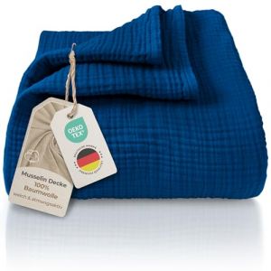 LAYNENBURG Premium Mousseline Couvre-lit 180 x 220 cm - 100% Coton - Couverture en Coton Extra Doux pour se blottir, Couvre-lit, Couvre-canap&eacute;, Couvre-canap&eacute; (Bleu) (Torrex24, neuf)