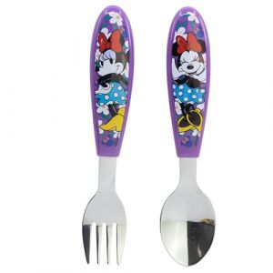 Set de 2 couverts pour enfants en acier inoxydable compos&eacute; d'une fourchette et d'une cuill&egrave;re Minnie (PlayPulse, neuf)