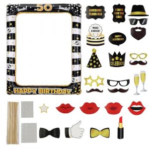 Andiker Ensemble de Photobooth pour 50e Anniversaire et 25 Accessoires Photo, D&eacute;coration Noir Or Joyeux Anniversaire pour F&ecirc;te de 50 Ans Hommes et Femmes (Ensemble Noir Or 50 et Set de 25) (XDD-EU Direct, neuf)