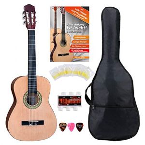 Classic Cantabile AS-861 Guitare Classique 3/4 Set Débutant (guitare classique acoustique, adaptée aux enfants de 8 à 11 ans, housse, cordes, partitions, médiators, sifflet accordeur) naturel (Maison de la musique Kirstein, neuf)