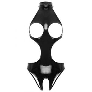 Agoky Lingerie Femme Body String Poitrine Ouvert Entrejambe Nu Bodysuit Cuir Verni Leotard Collant Décoré Catsuit Clubwear S-5XL Noir B L (Agoky-EU, neuf)