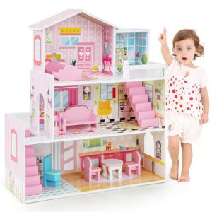 GOPLUS Maison de Poup&eacute;e en Bois, Maison de R&ecirc;ve &agrave; 3 &Eacute;tages avec 5 Pi&egrave;ces Simul&eacute;es, 10 Meubles, Jouet de R&ocirc;le &Eacute;ducatif, Cadeau Parfait pour Filles de 3 &agrave; 7 Ans, 60 x 25 x 70 cm, Rose (Augenstern24, neuf)