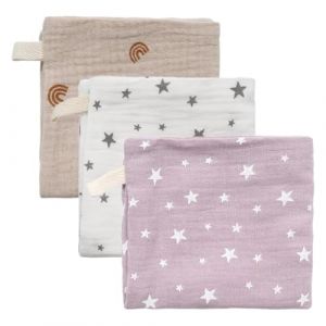 DOKRIN Linge et gants de toilette, Lot de 3 serviettes carr&eacute;es en mousseline 22 x 23 cm, en coton doux et respirant, pour nouveau-n&eacute;, gar&ccedil;ons et filles (violet, kaki, blanc) (IOANA BEST CLOTHES, neuf)