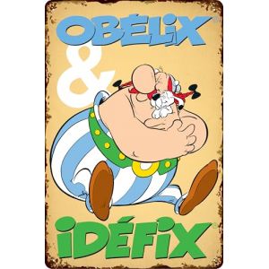 ASTERIX et OBELIX Plaque d&eacute;corative r&eacute;tro en t&ocirc;le - 20 x 30 cm (Ob&eacute;lix & Idefix (assis) (LuckyLinde, neuf)