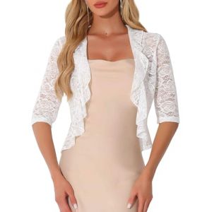 Allegra K Gilet en Dentelle Femme Manches 3/4 Cardigan &agrave; Volants Demi-Transparent Haussement d'&Eacute;paules &Eacute;l&eacute;gant Bol&eacute;ro pour Robe de Mariage Blanc XL (Allegra K FASHION, neuf)