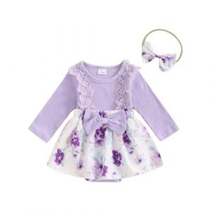 Dazzerake Ensemble 2 Pi&egrave;ces B&eacute;b&eacute; Fille: Barboteuse de Robe Manches Longues Col Rond avec Bandeau pour 0-18 Mois (Violet, 3-6 Months) (gaokana, neuf)