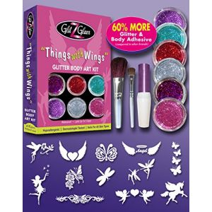 Kit de tatouages avec brillantine â€œMotifs avec des ailesâ€ avec 6 Grands Pots de paillettes & 12 Pochoirs Réutilisables pour Tatouages Temporaires (GlitZGlam, neuf)