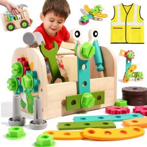 Mapille Caisse a Outil Enfant, Etabli Enfant, Jouet en Bois Outil, Jeux Montessori 2 3 4 Ans, Boite a Outil pour Enfant, Boite a Outils Enfant avec Ingénieur Costume (41 Pièces) (Laukra special SIA, neuf)