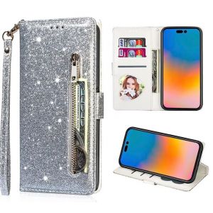 FERLAN Coque pour iphone 16E/SE4 2025, Flip Case &Eacute;tui Paillette Glitter Bling Portefeuille en Cuir Housse avec avec Fentes de Cartes Fonction Support, Fermeture Magn&eacute;tique- Argent (BiBoDan, neuf)
