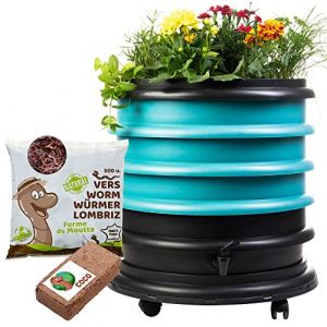 WORMbox | Lombricomposteur 3 Plateaux Turquoise + Jardinière + 250gr de vers de Compost + 1 Bloc Coco | 48 litres | Compostez Vos déchets organiques, Les vers de Terre/lombrics/lombricompost (Ferme du Moutta, neuf)