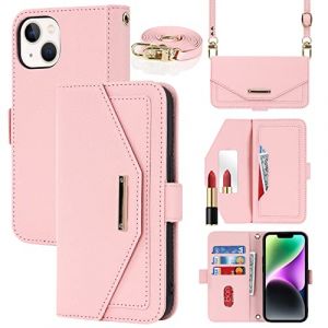 Cavor Coque Compatible avec iPhone 15 Etui avec Cordon,Flip Portefeuille Étui Cuir,[5 Porte Cartes][Miroir][Magnétique][Réglable Collier] Housse - Rose (Copmob, neuf)