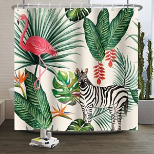 SDOTPMT 152x183cm Rideau de Douche Flamant Tropical - Palmier, Feuilles Vertes, Banane, Cheval - Thème Été - Tissu Polyester Étanche pour Salle de Bain avec Crochets (SDOTPMT, neuf)
