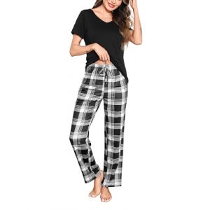 Bresdk Pyjama Femme Ete Coton Bas de Pyjama à Carreaux et Haut à Manches Courtes Confortable Doux Respirant (mengruicheng-EU, neuf)