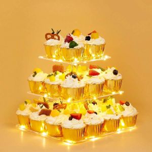 Ulifeme 3 Etages Pr&eacute;sentoir Cupcake, Support &agrave; Cupcakes avec Guirlande Lumineuse &agrave; LED Jaune, Presentoir Gateau Carr&eacute; pour Anniversaire, Mariage, Remise de Dipl&ocirc;mes, Anniversaire, D&eacute;coration de F&ecirc;teE (Xinlucheng-EU, neuf)