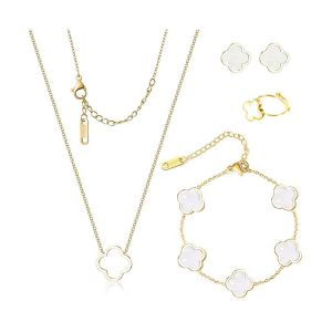 Ensemble de Bijoux Tr&egrave;fle &agrave; Quatre Feuilles pour Femme Fille，18K or rose bracelet porte bonheur,bijoux acier inoxydable femme (Blanc)，Tr&egrave;fle &agrave; quatre feuilles collier boucles d'oreilles bracelet bague (YiShang-, neuf)