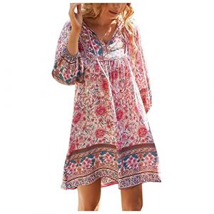 NNGOTD Robe D Ete pour Femme Mi Longue Dentelle Robe de Plage avec Ourlet à Volants Robe Décontractée sans Manches Col en V Boho Robe Trapèze Robe élégante Dress Robe Shooting Grossesse (BAULMD（90% Big Promotion Without Discount Code ）, neuf)