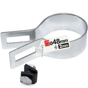 Collier de serrage poteau 48 mm, épaisseur 2mm, couleur galvanisé, collier de serrage métallique pour clôture rigide, accessoire fixation poteau, grillage rigide, panneau, entretoise (LUN FIX, neuf)
