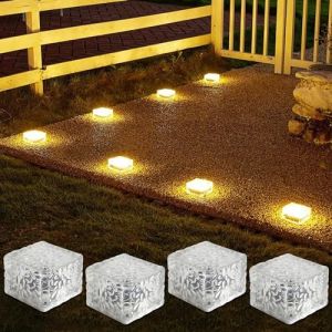 Lot de 4 lampes solaires d'ext&eacute;rieur en verre pav&eacute;, lampes solaires LED &eacute;tanches pour l'ext&eacute;rieur, pav&eacute;s, &eacute;clairage de chemin, d&eacute;coration pour jardin, terrasse, pas de marche, 7 x 7 x 5 cm (CECOMBINE Eu, neuf)