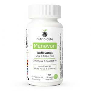 Complément ménopause naturel aux isoflavones de soja et de trèfle rouge, cimicifuge, gattilier et vitamines D3, B6 et E – 90 gélules (3 mois) – Menovon Nutribiolite (Nutribiolite, neuf)