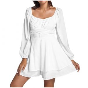QIUhhpuy Robe Blanche Courte Robe Pirate Blanche pour Femmes avec Shorts Int&eacute;Gr&eacute;S en Dessous Manches Longues/Courtes &eacute;Paules D&eacute;Nud&eacute;Es &agrave; Volants Coupe Trap&egrave;Ze 2 en 1 Courte Style Boh&egrave;Me D&rsquo;&eacute;T&eacute; De Plage (QIUhhpuy, neuf)