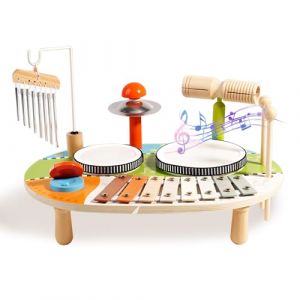 Kingbar Tambour Jouet Bebe, 6 en 1 Ensemble De Batterie Musical Jouet en Bois, Xylophone Carillons éoliens Musicaux Percussion Table, Jeux Montessori pour Garçons Et Fille, B (JHJRZP, neuf)