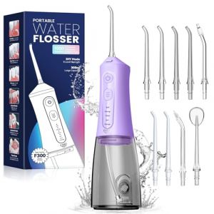 JTF Hydropulseur Jet Dentaire, Électrique Professionnel Irrigateur Oral Sans Fil - 4 Modes et 9 Buses, Réservoir 300ML, USB Chargé, IPX7 Étanche, Idéal pour Voyage(Violet) (JTF-EU, neuf)