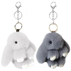 2PCS Adorable Porte-clés Lapin en plush,Clés En Fausse Fourrure Porte Clés Mignon En Peluche Lapin Porte,Décoration de Pompon en Peluche (Gris et Gris Clair) (BITAOKKKJ, neuf)