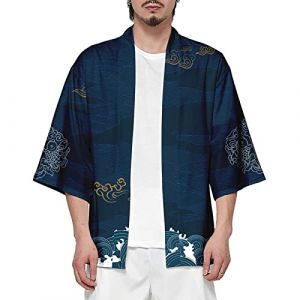 CIZEUR Kimono Japonais Homme Veste Vintage Chinese Style Casual Chemise Homme Manches 3/4 Taille Grande, 5XL Grue Immortelle (Cizeu, neuf)