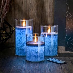 Bougies à LED Cire Véritable, 3PC Ensemble de Bougies Décoratives en Verre, Bougie Sans Flamme Avec Télécommande Minuterie, Bougies en Paraffine pour Décoration, Mariage, Fêtes (Bleu) (Airmsa, neuf)