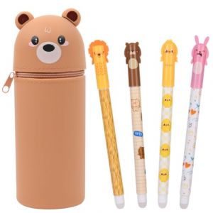 OFFCUP Trousse &agrave; Crayons et 4 Stylos Gel Effa&ccedil;able, Jolie Trousse d'&eacute;cole en Silicone Verticale Motif Animal Trousse Porte-Stylos de Table Ensemble de Papeterie pour Filles Gar&ccedil;ons (Ours) (HOOCHE, neuf)