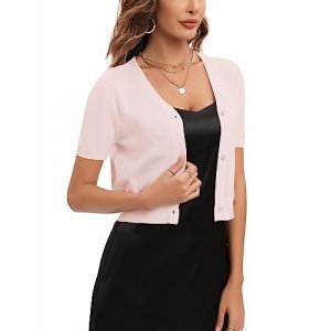 Boléro Femme Tricot Gilet Court Veste Cardigan Bouton Manches Courtes pour Robe T Shirt Bretelle Soirée Fête Décontracté Chic Elégante Rose Clair*Manche Courte XXXL (Yukiuiny, neuf)