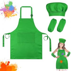 Ainiv Tablier Cuisine Enfant, R&eacute;glable Ensemble Tablier et Toque de Chef pour Enfants, avec 2 Manches et 2 Poches, Tablier Peinture Enfants pour P&acirc;tisserie, Cuisine, Peinture, pour 7-13 Ans, Vert (HUAYOTO, neuf)