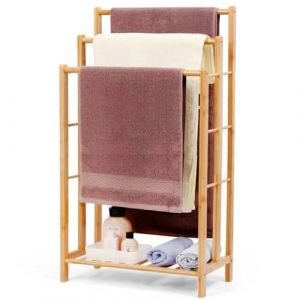 Relquorax Porte-serviettes en bambou avec rangement, porte-serviettes autoportant, &eacute;chelle &agrave; serviettes debout avec 3 barres, pour salle de bain, salon, peu encombrant (96 cm de haut) (Camp Timii, neuf)