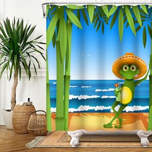 SDOTPMT 180x180cm Grenouille Rideau de Douche Mignon Drôle Grenouille avec Chapeau Été Plage Bambou Vert Feuilles Océan Vague Rideau de Baignoire pour Enfants Salle Bains Polyester avec Crochets (SDOTPMT, neuf)