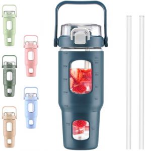 BLUEGO 960ml Gourd en verre Avec paille Marqueur de temps Bouteille d'eau Motivation avec manchon en silicone 1 litre Grande carafe d'eau en Verre pour Gym, sports et entra&icirc;nement, Bleu fonc&eacute; (Banxiashenghua, neuf)