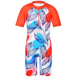 HUAANIUE Filles Maillot de Bain 1 Pièce 2-12 Ans, Anti-UV UPF 50+ Manches Courtes, Fermeture Éclair Frontale, Imprimés Colorés, Idéal pour Plage et Piscine (S253-Feuilles Oranges, 8-10 Ans) (HUANQIU EUR STORE, neuf)