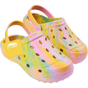 CityComfort Sabots Enfant Fille Chaussures de Jardin &Eacute;t&eacute; Tie Dye avec Bride Sabots Enfant Plage Piscine Int&eacute;rieur (26/27 EU, Jaune Tie Dye) (Get Trend., neuf)