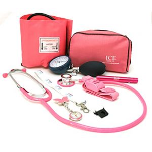 Rose Moniteur de pression sanguine Sphygmomanomètre anéroïde, stéthoscope, lampe stylo (Stylo Torche), Garrot, papillon Montre infirmière, cordon Support carte d'identité – Kit de démarrage (ICE Medical, neuf)