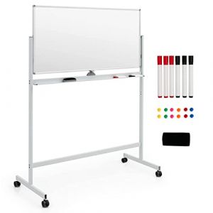 GOPLUS Tableau Blanc Effacable sur Pied Rotatif à 360°, 120 x 60 CM, Tableau Blanc Magnetique 2 Face, Hauteur Réglable avec 4 Roue Universelle, 12 Aimant, 6 Marqueur, Gomme pour École, Bureau, Blanc (Augenstern24, neuf)