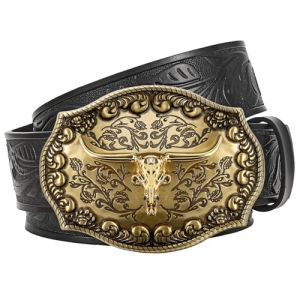 JasGood Ceinture de cowboy en cuir occidental pour hommes femmes longhorn boucle cowgirl ceinture florale grav&eacute;e en relief vintage unisexe ceinture pour jeans, Noir , 120cm: Fit Taille Gr&ouml;&szlig;e 97cm (JasGood Official Store, neuf)